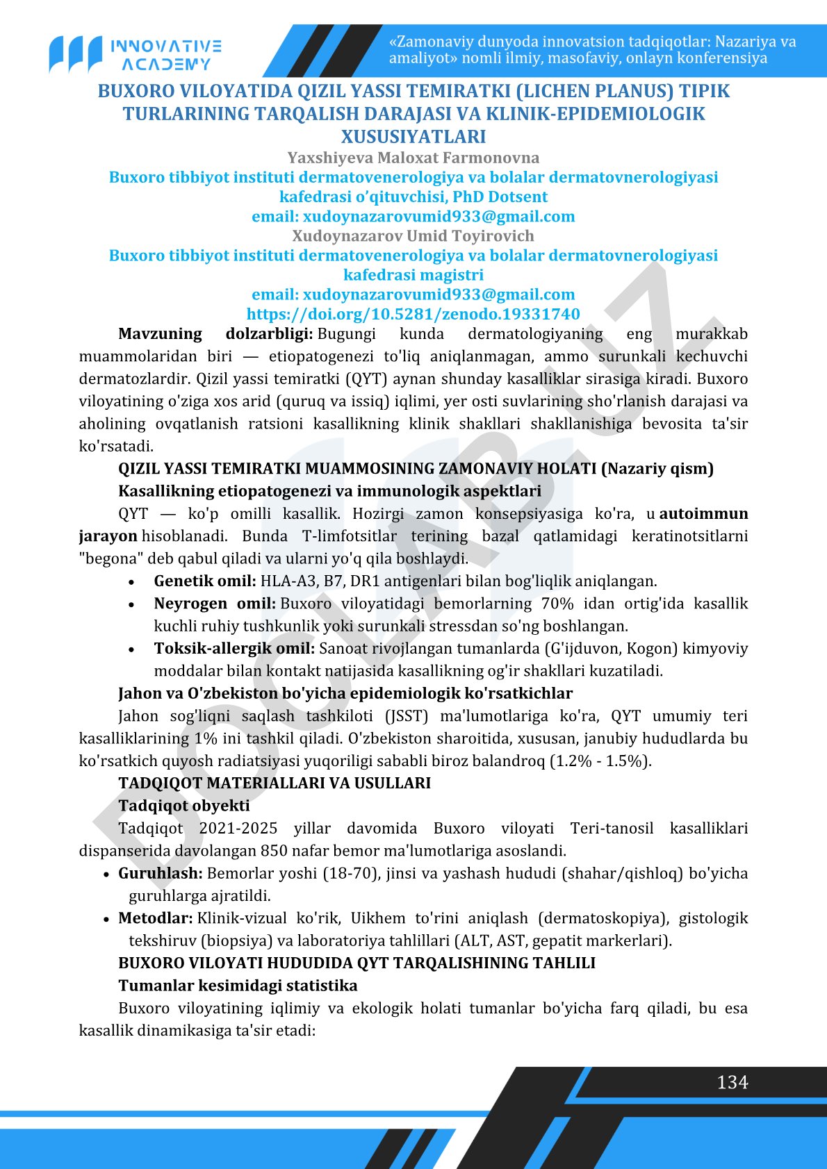 Buxoro viloyatida qizil yassi temiratki tipik turlarining tarqalishi va klinik-epidemiologik xususiyatlari