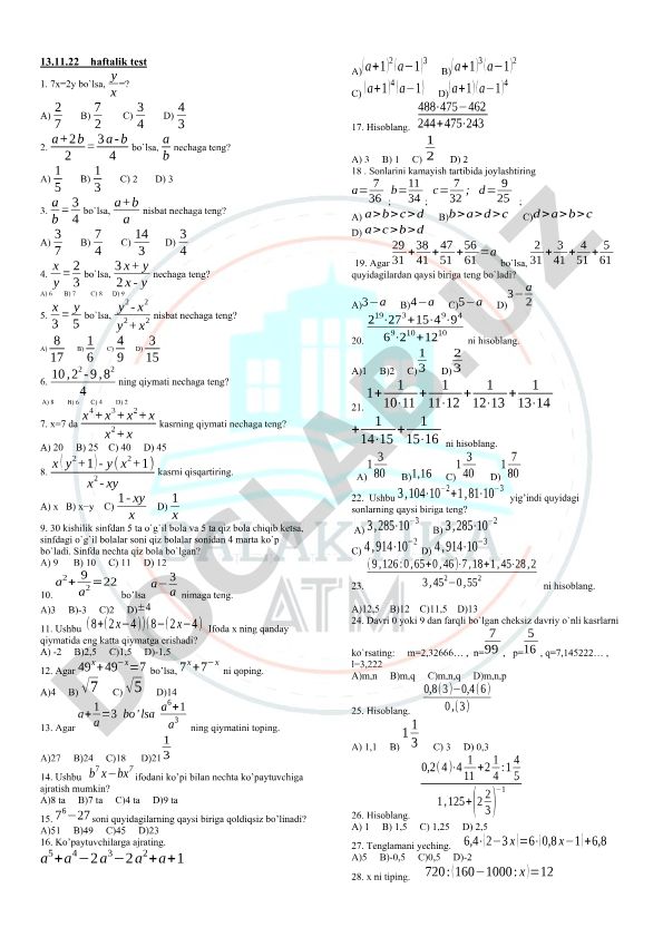 Algebra va matematik masalalar testi