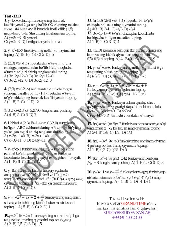 Chiziqli funksiyalar va geometriya masalalari