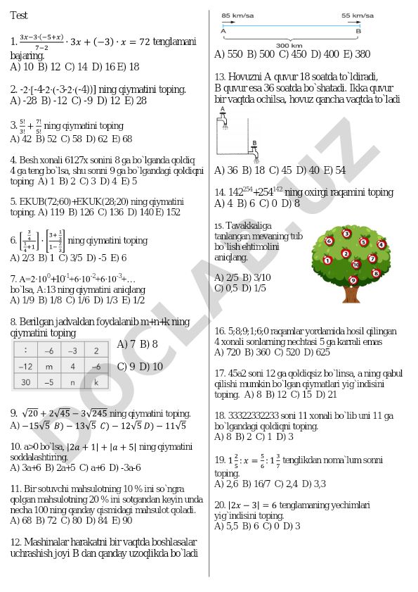 Matematika test savollari va masalalari