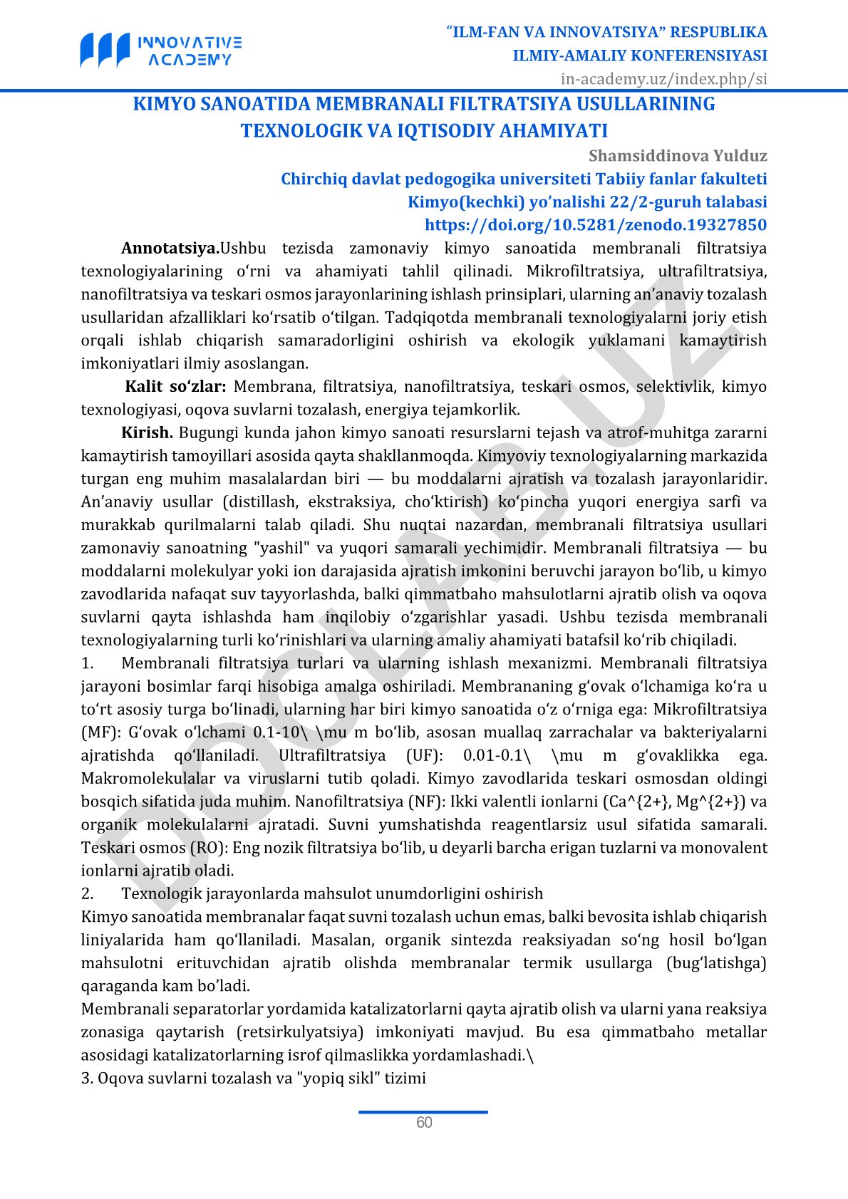 Kimyo sanoatida membranali filtratsiya usullarining texnologik va iqtisodiy ahamiyati