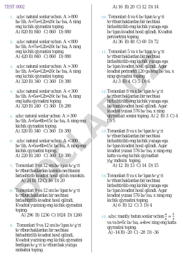 Matematik masalalar to'plami: eng kichik va eng katta qiymatlarni topish