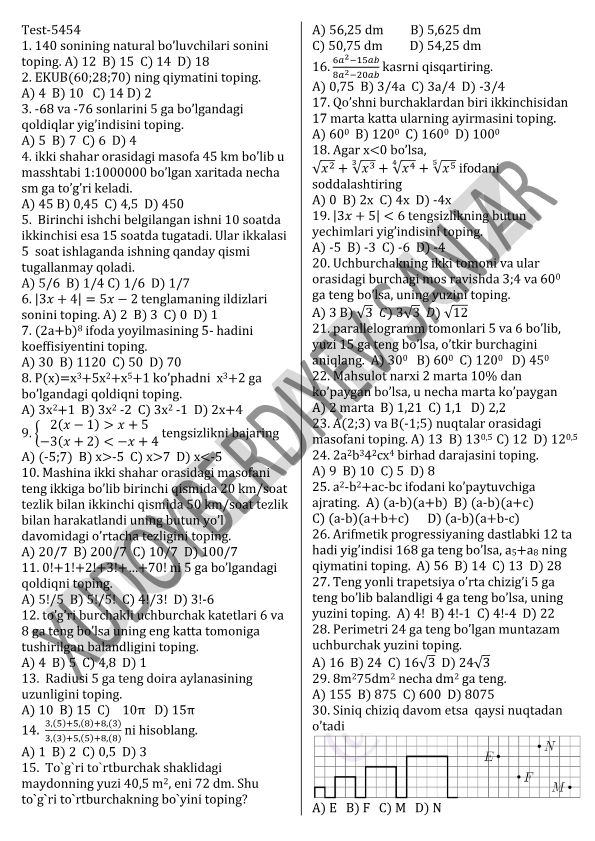 Matematika test savollari to'plami