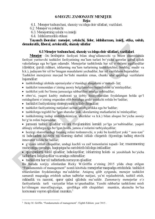 Zamonaviy menejer tushunchasi, shaxsiy va ishga doir sifatlari, vazifalari