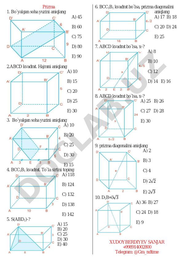 Geometriya prizmalar bo'yicha test savollari