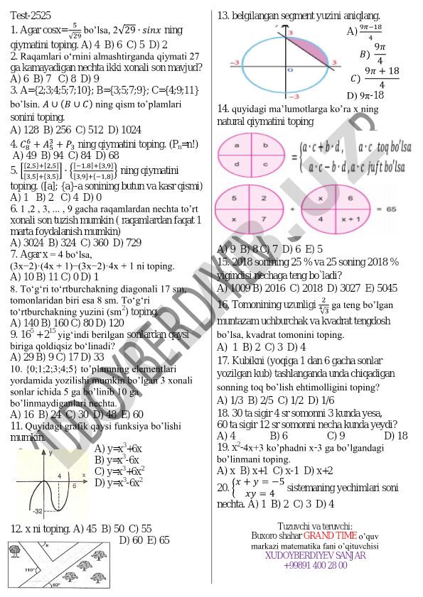 Matematika test savollari to'plami