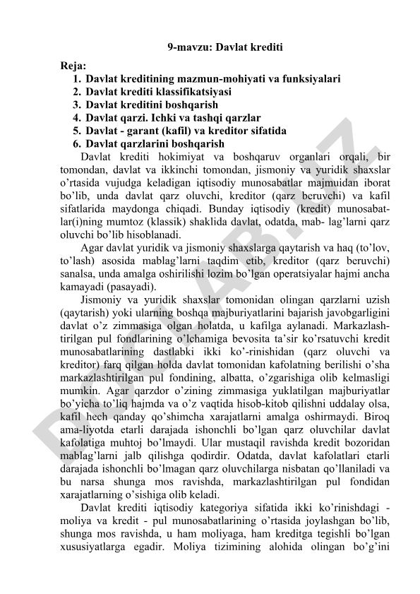 Davlat krediti: mazmun-mohiyati, funksiyalari va boshqarilishi