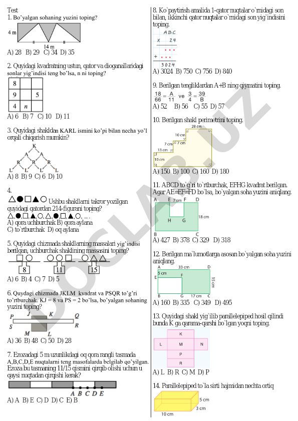 Matematika test savollari va masalalari