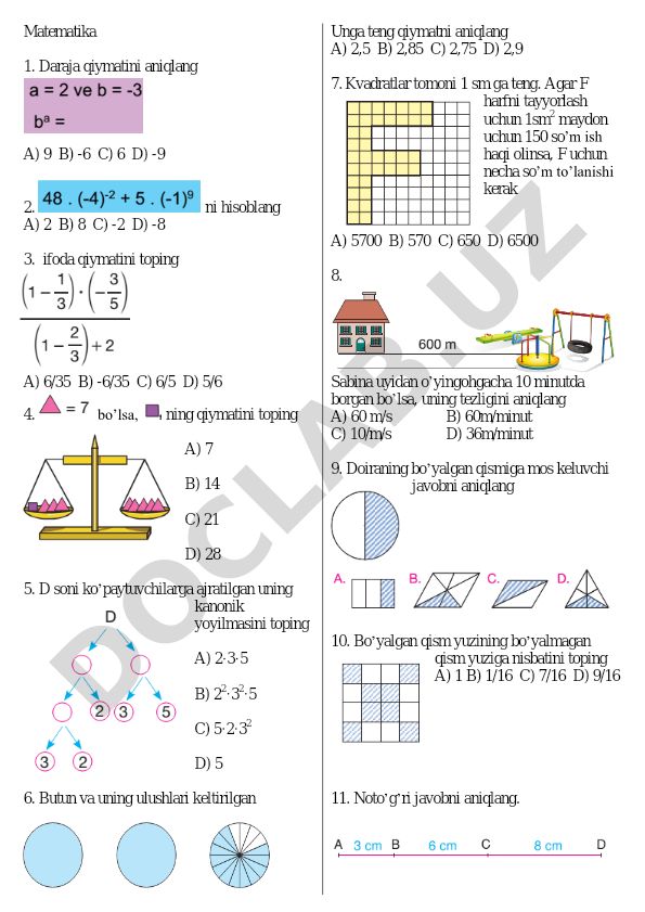 Matematika test savollari va masalalari