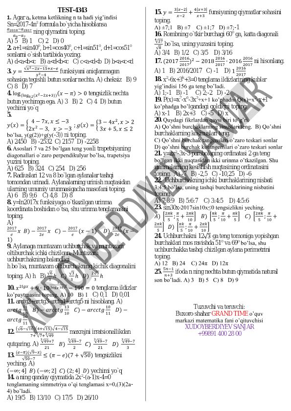 Matematika test savollari to'plami