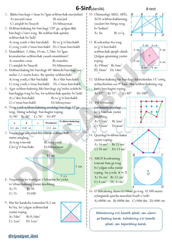 6-sinf matematika test savollari - uchburchaklar
