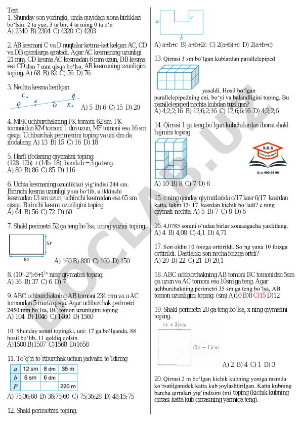 Matematika test savollari va masalalari