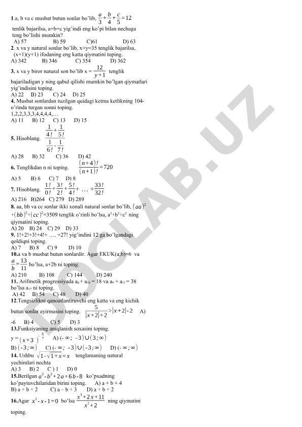 Matematika masalalari to'plami