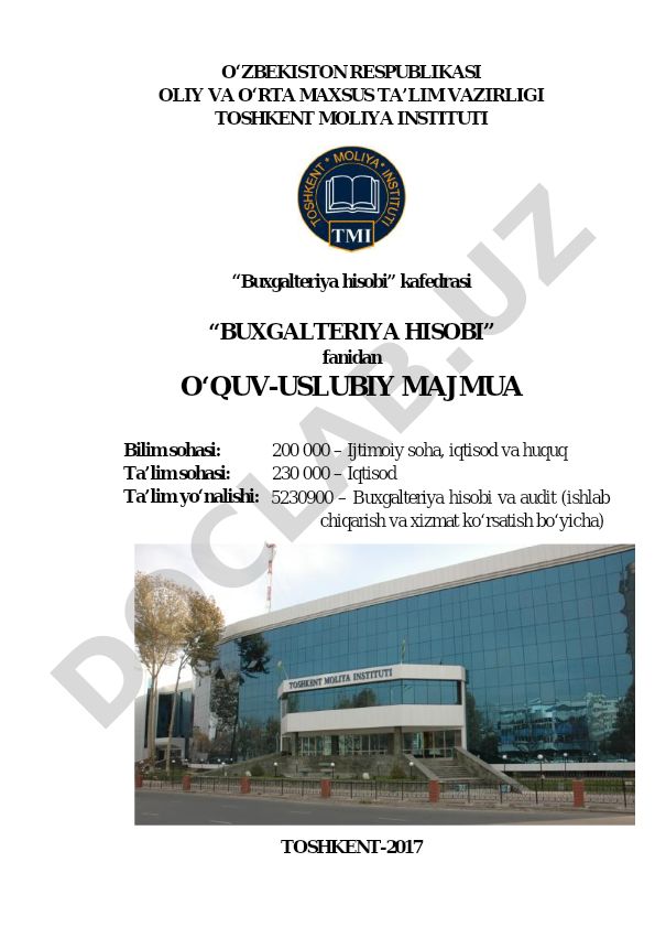 Buxgalteriya hisobi fanidan o'quv-uslubiy majmua