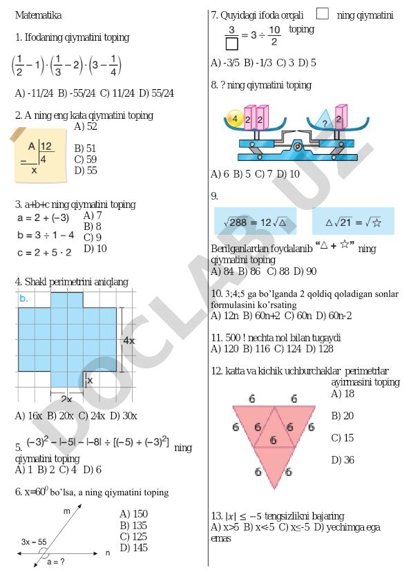Matematika test savollari va masalalari