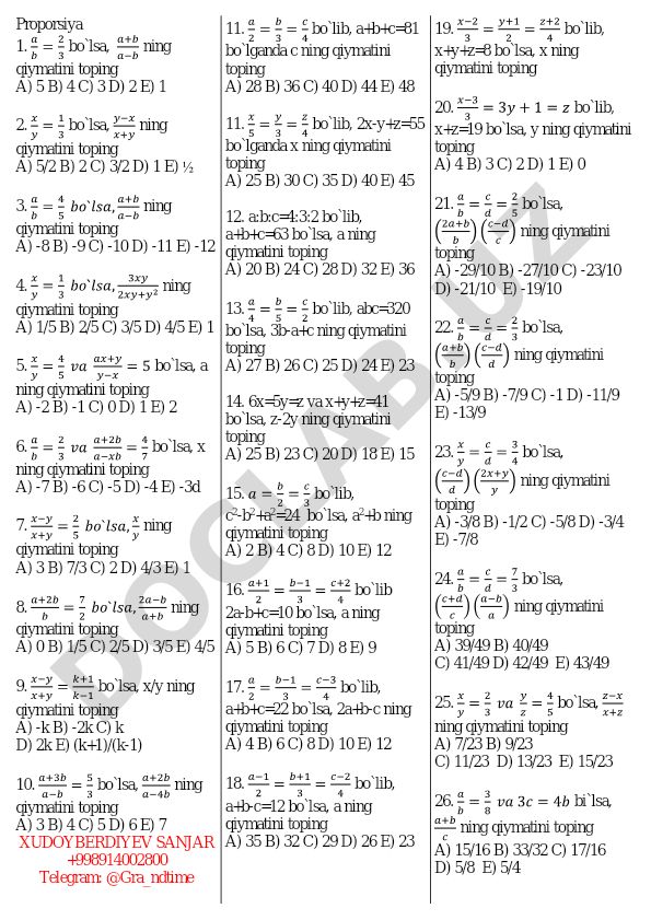 Proporsiyalar va nisbatlar bo'yicha matematik masalalar to'plami