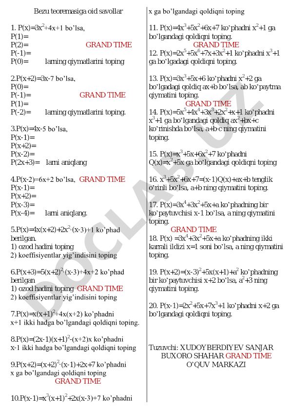 Bezu teoremasiga oid algebraik masalalar to'plami