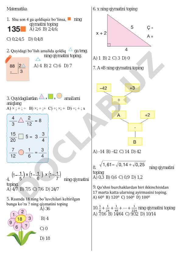 Matematika test savollari va masalalari