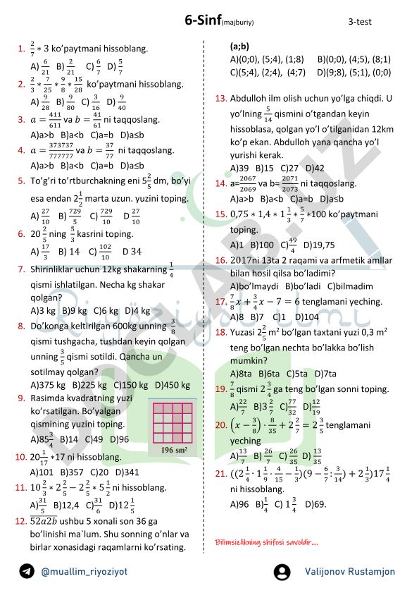 6-sinf matematika test savollari