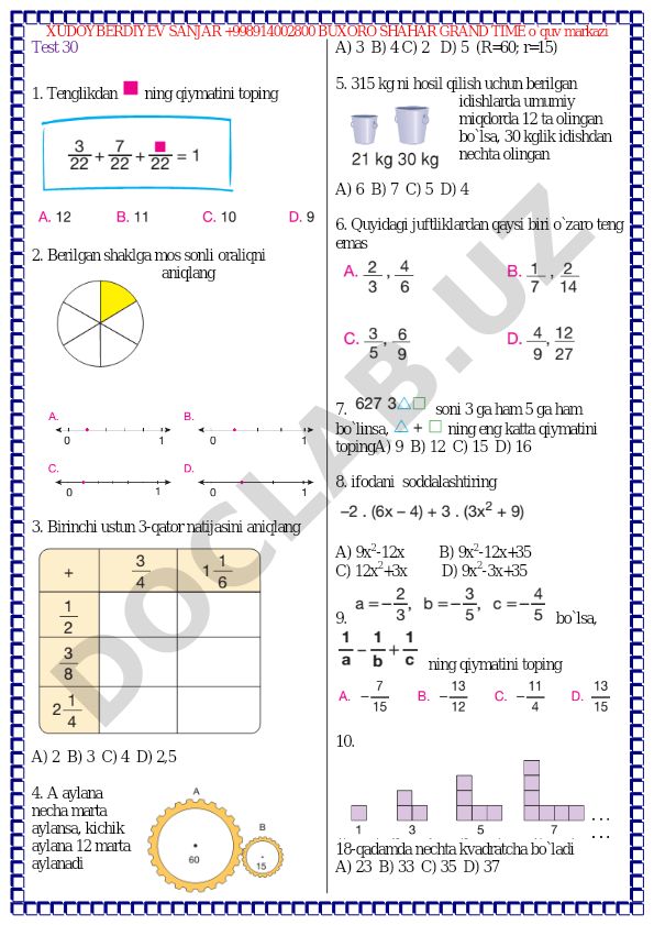 Matematika test savollari to'plami