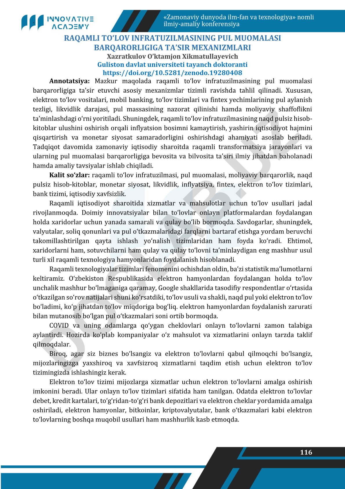116 raqamli to‘lov infratuzilmasining pul muomalasi barqarorligiga ta’sir mexanizmlari