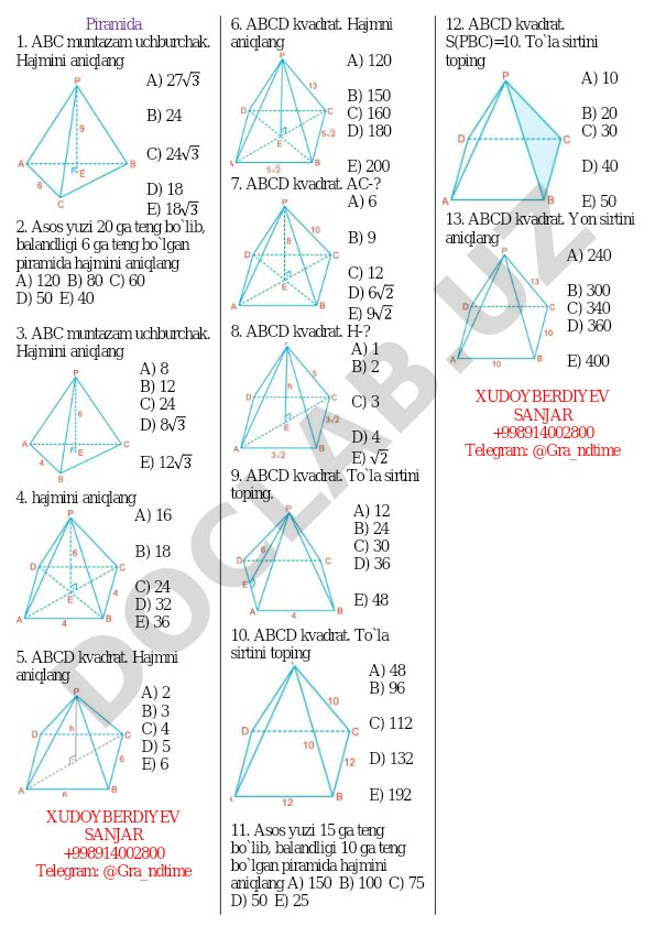 Geometriya piramida va kvadrat masalalari