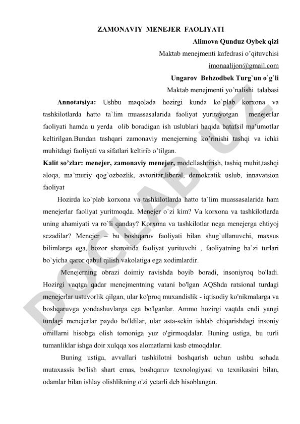 Zamonaviy menejer faoliyati va uning xususiyatlari
