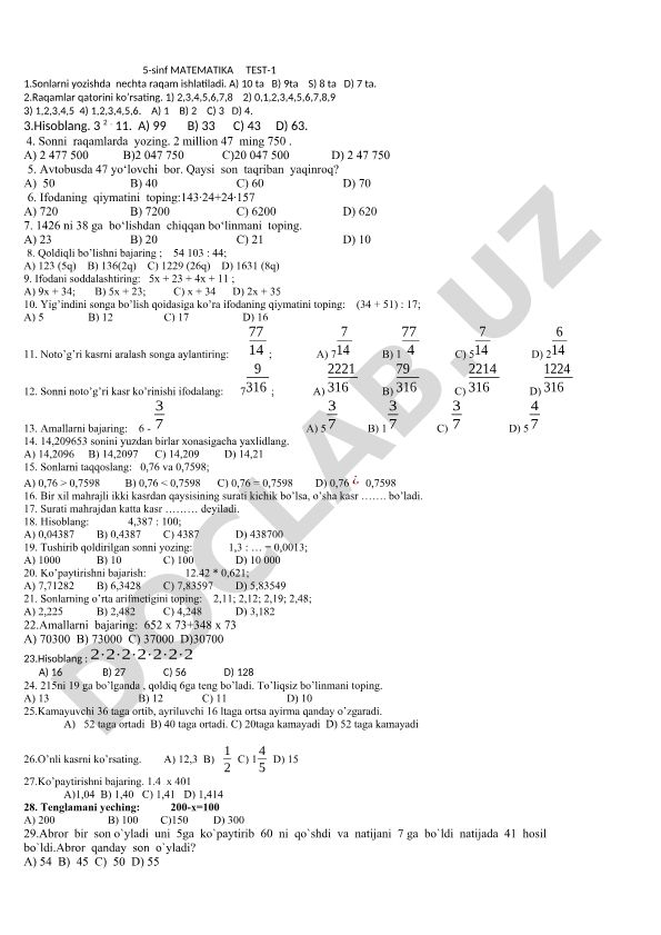 5-sinf matematika test savollari va masalalari