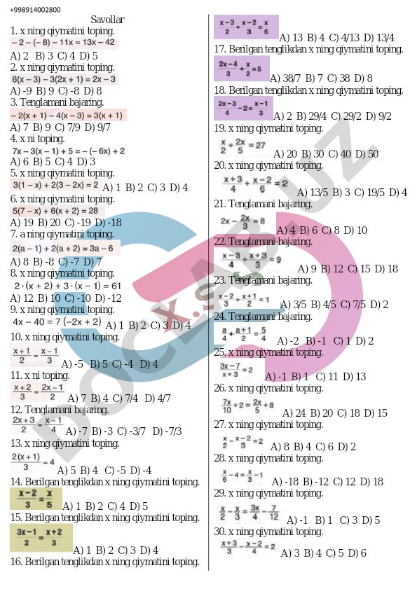 Algebra tenglamalari test savollari