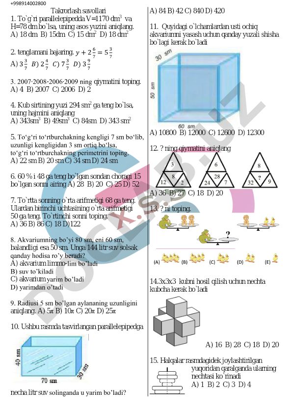 Matematika takrorlash savollari va masalalari