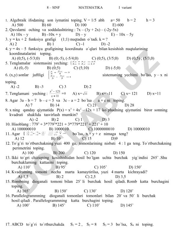 8-sinf matematika test savollari va masalalari