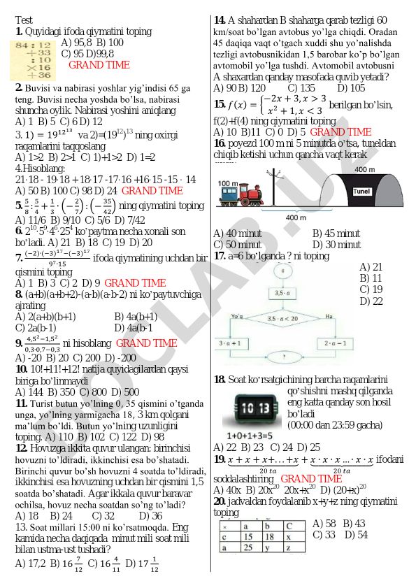 Matematika test savollari va masalalari
