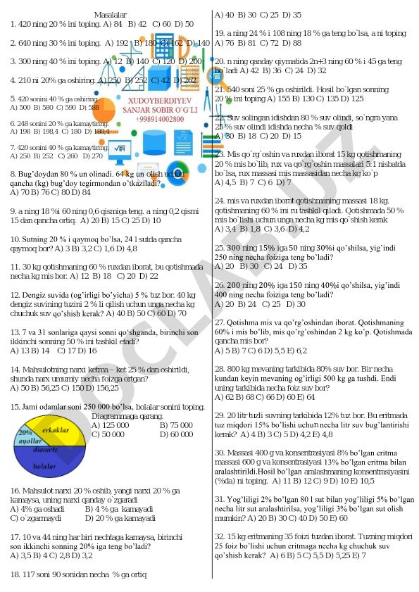 Foizlar bo'yicha matematika masalalari