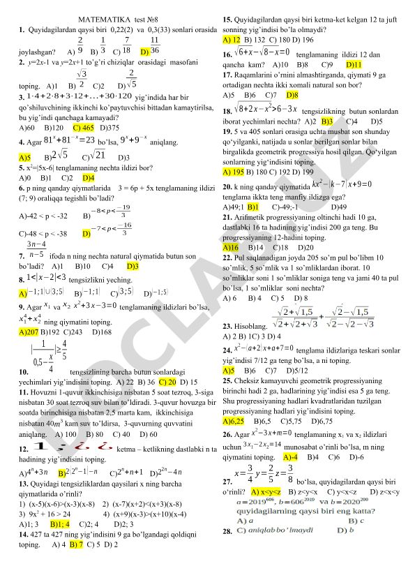 Matematika test savollari to'plami №8