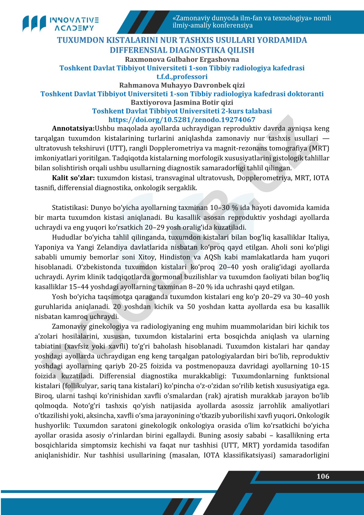 Tuxumdon kistalarini nur tashxis usullari yordamida differensial diagnostika qilish