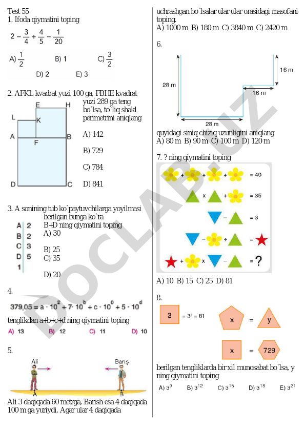 Matematika test savollari va masalalari