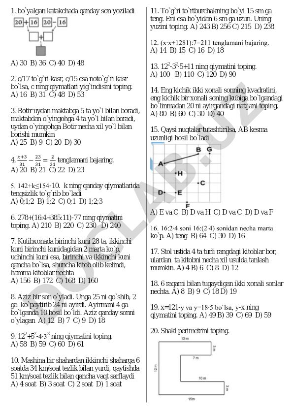 Matematika test savollari va masalalari