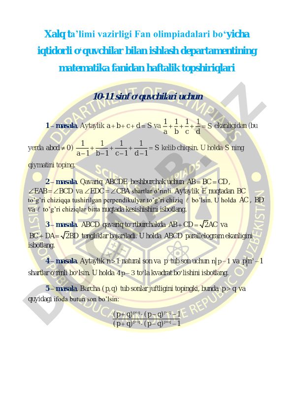 Matematika fanidan haftalik topshiriqlar 10-11 va 7-9 sinflar uchun