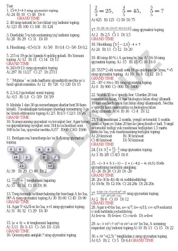 Matematika test savollari va masalalari