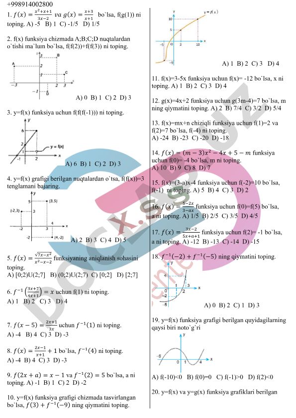 Funksiyalar va ularning teskari funksiyalari bo'yicha matematik masalalar