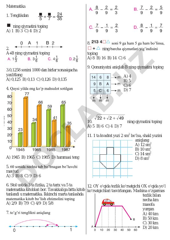 Matematika test savollari va masalalari