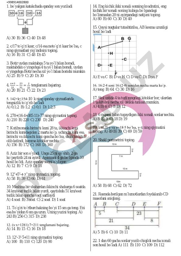 Matematika test savollari va masalalari