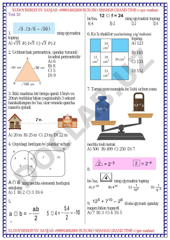 Matematika va fizika test savollari