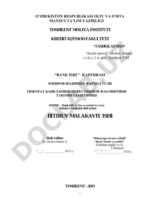 Tijorat banklarining investitsion faoliyatini takomillashtirish