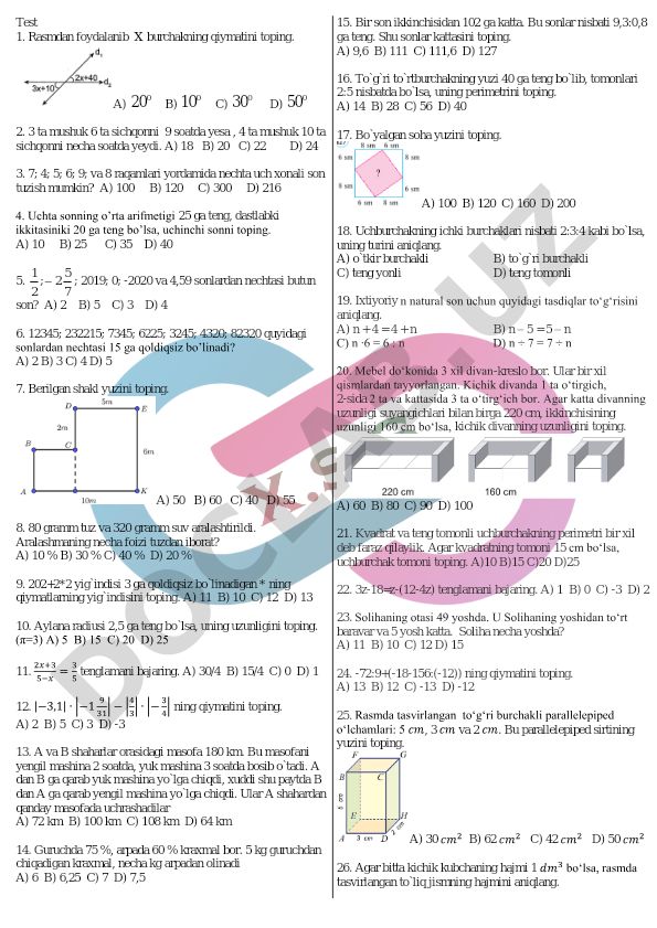 Matematika test savollari va masalalari
