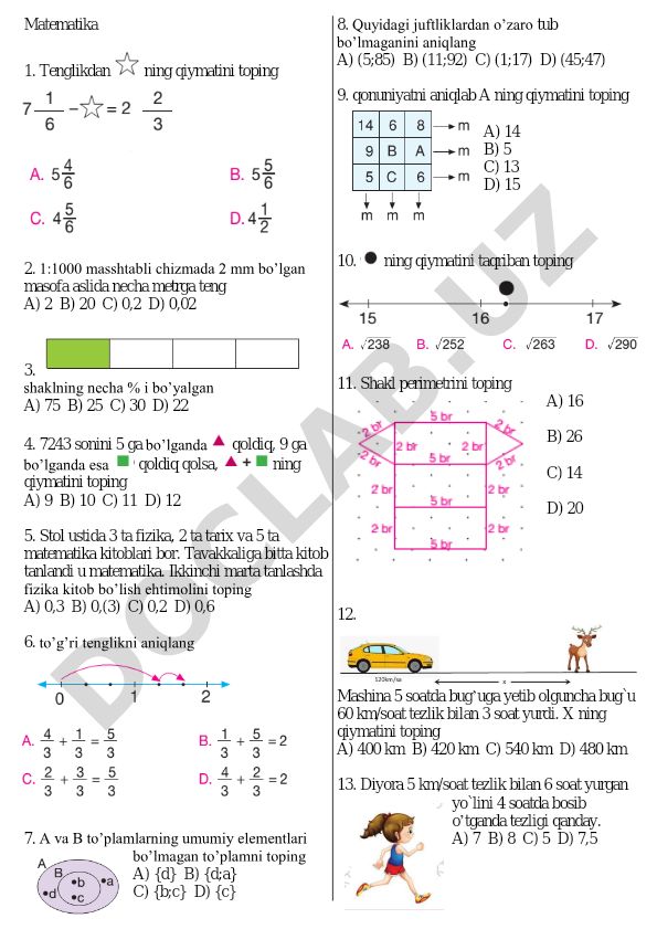 Matematika test savollari va masalalari