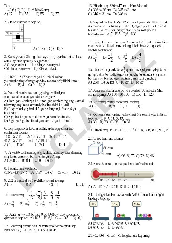 Matematika test savollari va masalalari