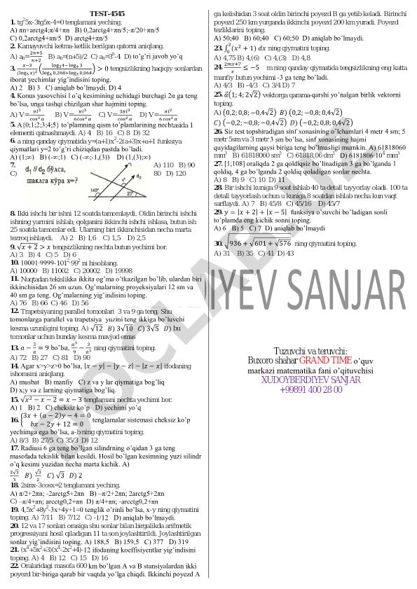 Matematika test savollari va masalalari