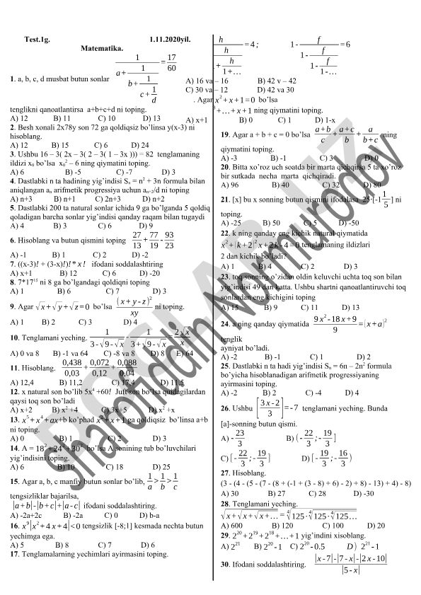 Matematika test savollari va masalalari