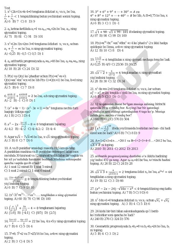 Matematika test masalalari to'plami